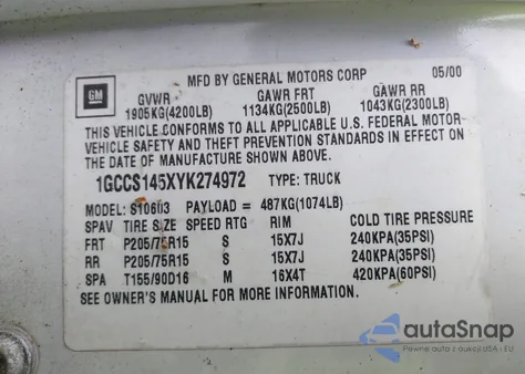 2000 Chevrolet S-10 z USA, uszkodzony, nr VIN 1GCCS145XYK274972